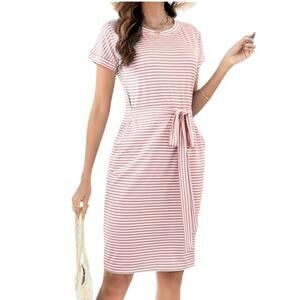MEROKEETY Women's Tie Waist Midi Striped Short Sleeve T Shirt Dress Size L NWOT
